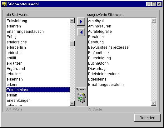 Maske zur Übernahme der Stichworte